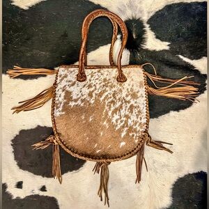 Super Cool Western Uxmal Camel Bag Genuine Leather Handmade Cowhide Bag w/Fringe